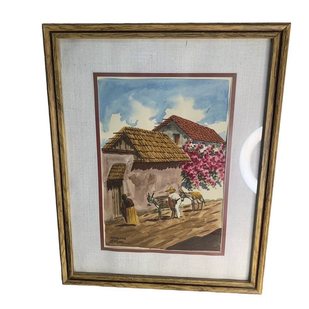2 Framed Watercolors Signed Mexico Cruz #1 Man Woman 2 Donkey Pink Flower House - Picture 2 of 16